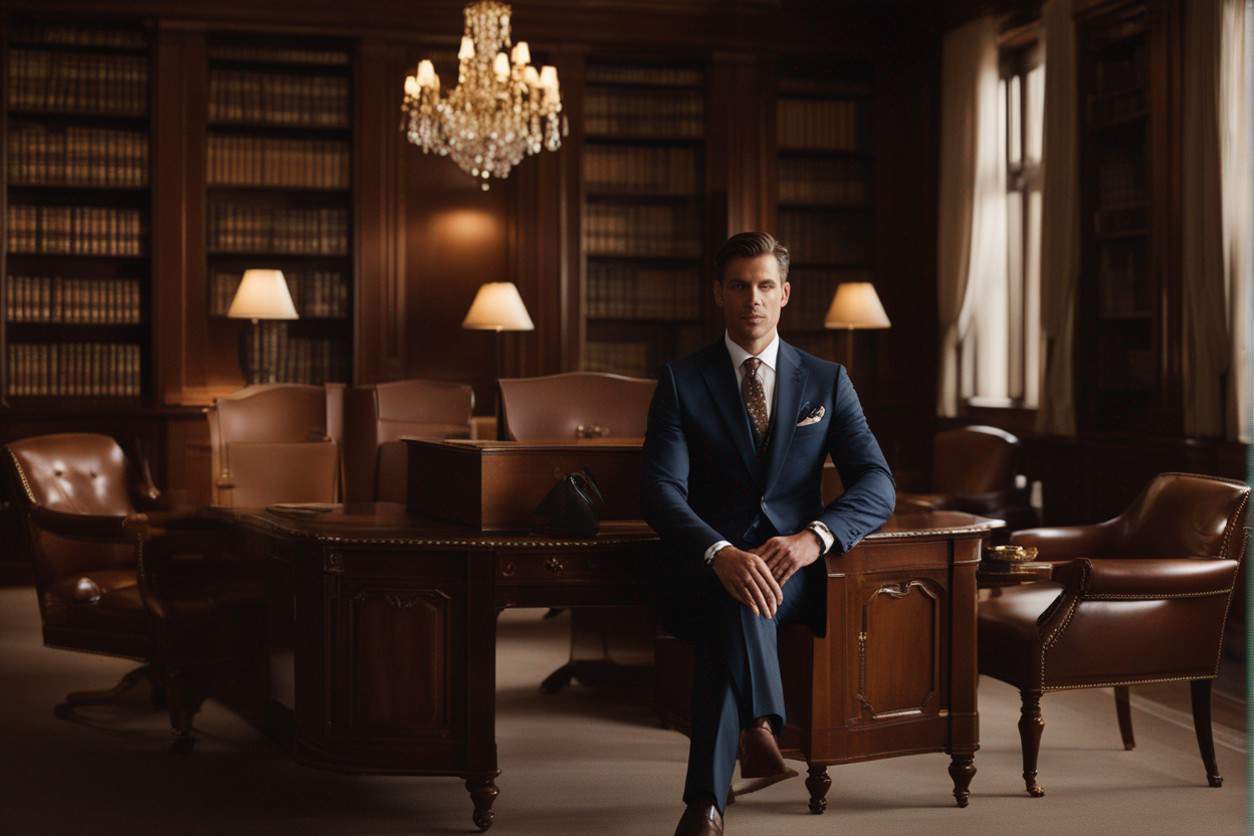 Create an image that embodies the classic style of Brooks Brothers. Picture a well-tailored suit, crisp dress shirt, and polished leather shoes, all set against a backdrop of a luxurious wooden library or an elegant boardroom. Accentuate the image with subtle touches of gold and leather accessories to evoke timeless sophistication.