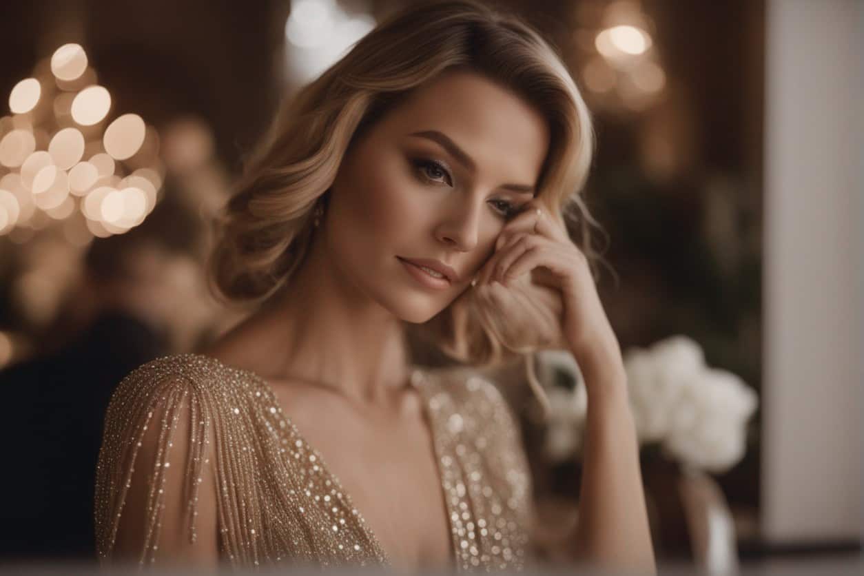 Generate an image that embodies the glamorous style of Revolve: think luxurious textures, dazzling accessories, and on-trend fashion pieces set against a backdrop of elegance and sophistication.