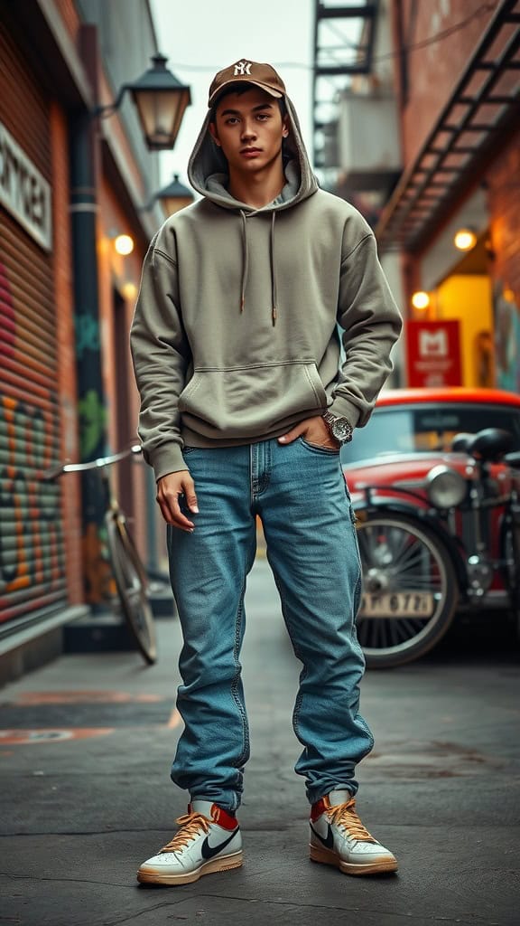 A young man standing confidently in an oversized hoodie, baggy jeans, and retro sneakers, set against a vibrant urban backdrop.