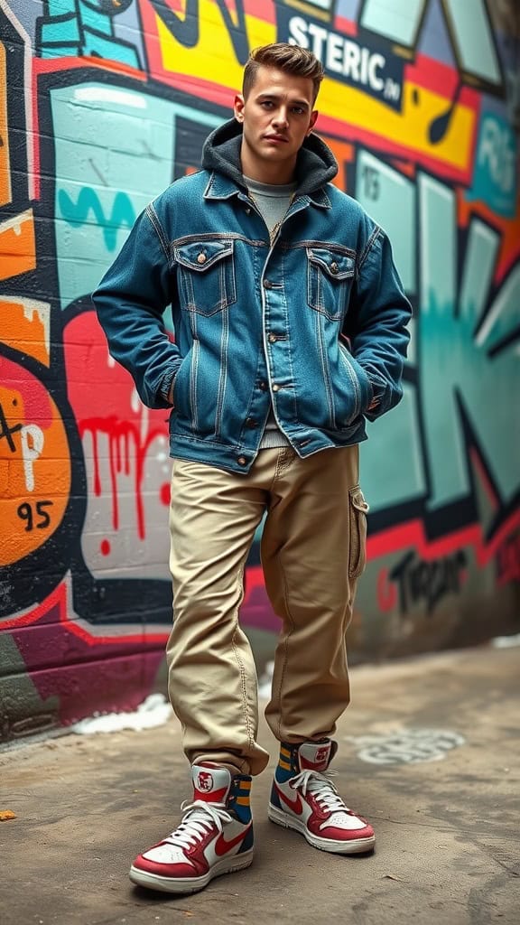 A man wearing an oversized denim jacket, baggy khakis, and vintage high-tops, standing in front of a colorful graffiti wall.