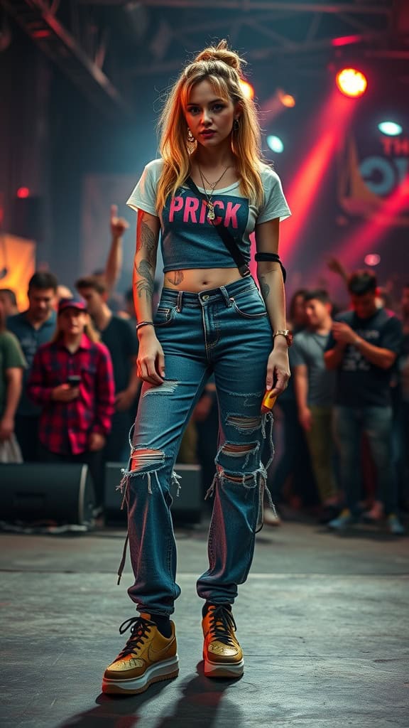 A person in a 90s throwback concert outfit featuring baggy jeans, a crop top, and sneakers.