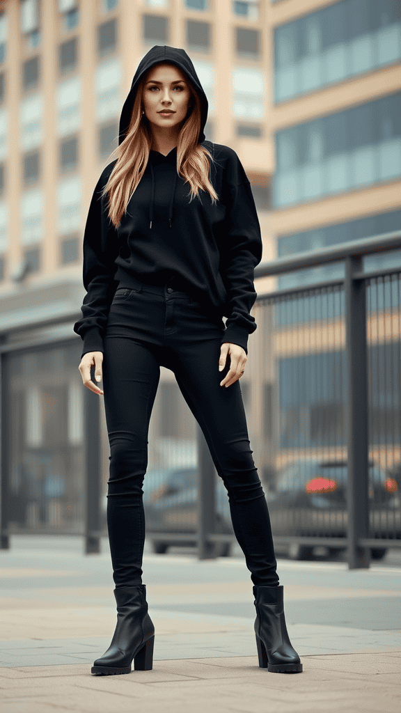 A woman in a black hoodie and black skinny jeans, wearing black boots, standing confidently in an urban setting.