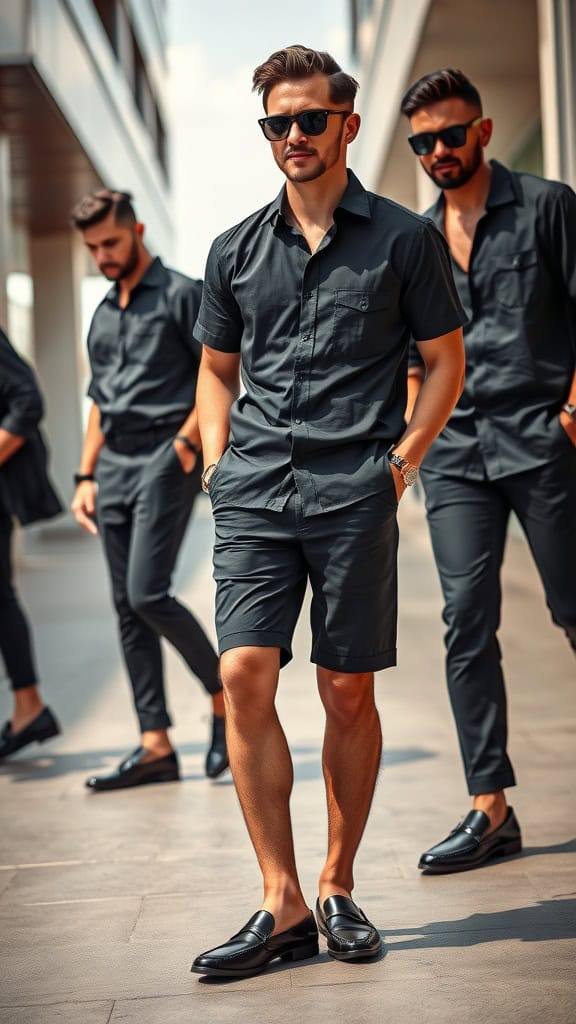 A stylish man in an all-black outfit featuring a short-sleeve button-up shirt, tailored shorts, and loafers, exuding summer vibes.