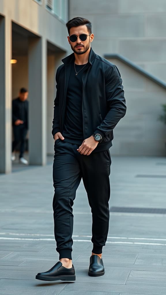 A man wearing a black tailored tracksuit with a matching jacket and joggers, walking confidently.