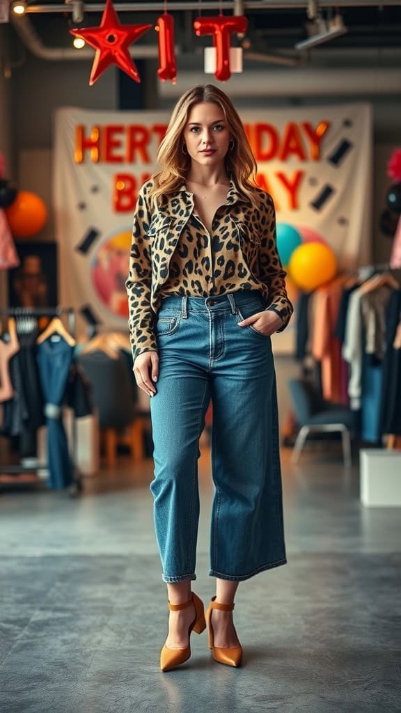 A woman wearing a trendy animal print dress with wide-leg jeans and heels, standing in a birthday-themed setting.