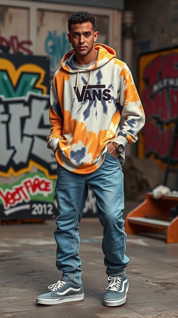 A young man wearing a colorful tie-dye oversized hoodie, baggy jeans, and slip-on Vans, standing in front of graffiti art.