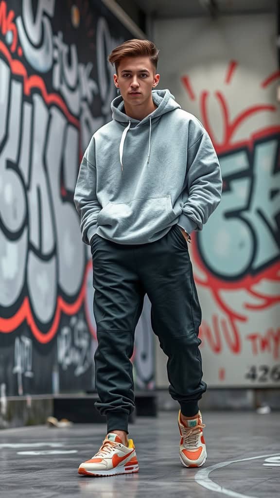 A young man wearing an oversized sweatshirt, baggy joggers, and sporty running shoes, standing against a graffiti mural.