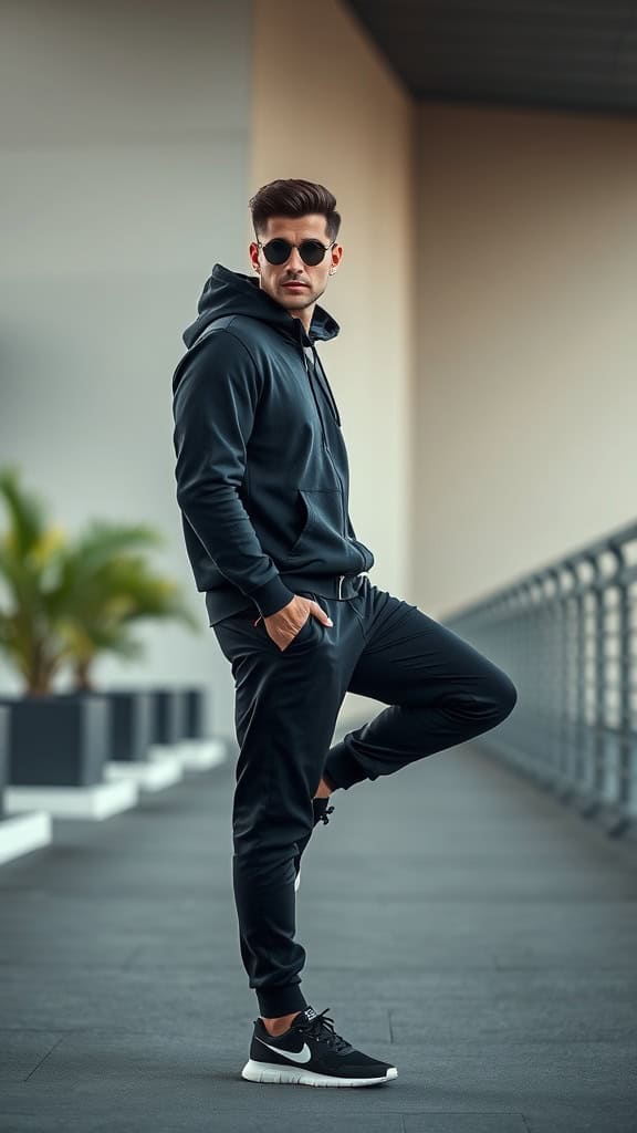 Man wearing a black zip-up hoodie and track pants with trainers, posing stylishly outdoors