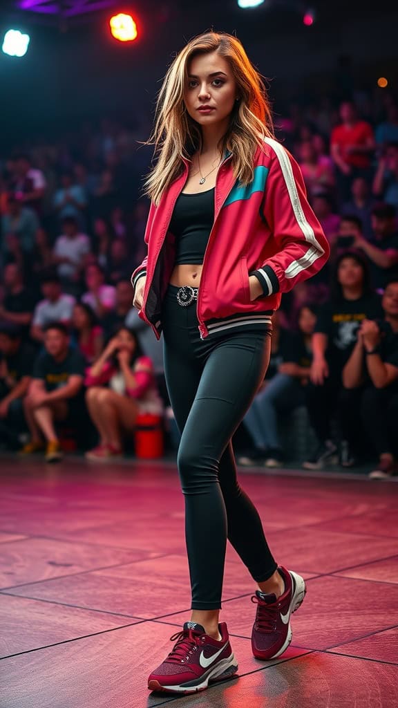 A model wearing a vibrant track jacket, leggings, and running shoes, confidently walking on stage at a concert.