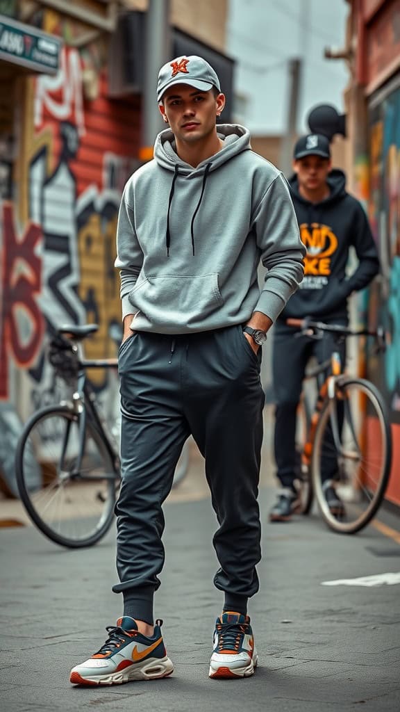 A young man in a gray sweatshirt and tapered joggers stands confidently in an urban setting, showcasing athleisure style with chunky sneakers and a cap.