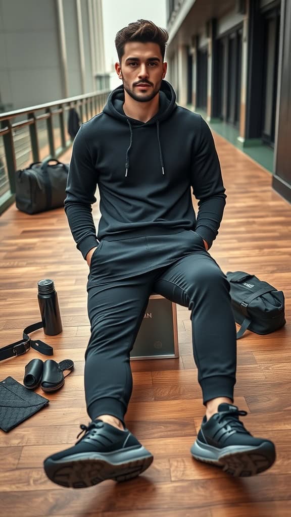 A man wearing a black hoodie and joggers, sitting casually on a wooden floor, with running shoes and accessories around him.