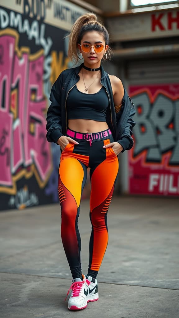 A stylish woman in a sport bra and high-waisted leggings with a bomber jacket, showcasing a bold athleisure outfit against a colorful graffiti background.