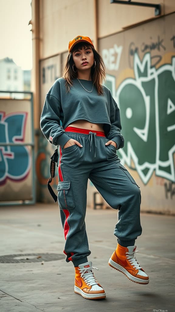 A young woman wearing a cropped sweatshirt, joggers, and high-top sneakers, showcasing a chill streetwear vibe.