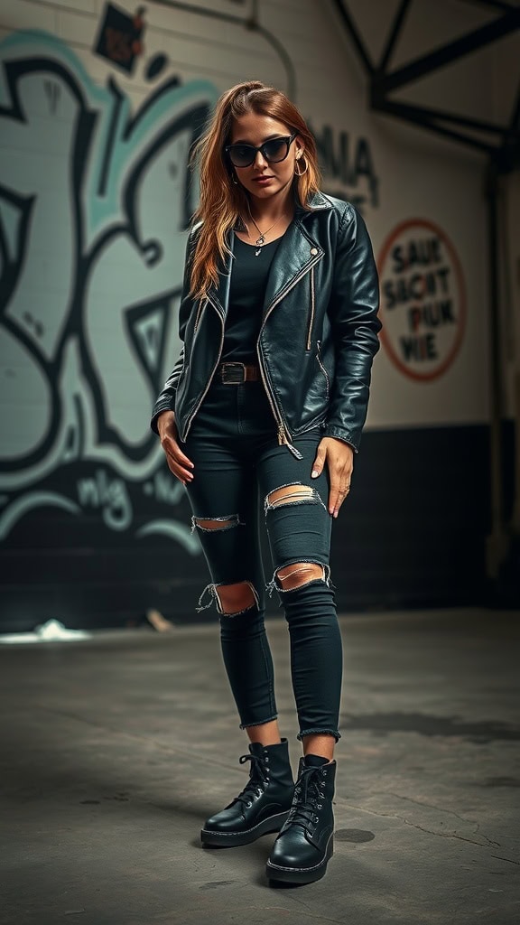 A stylish woman wearing a leather jacket, ripped jeans, and combat boots, showcasing an edgy streetwear vibe.