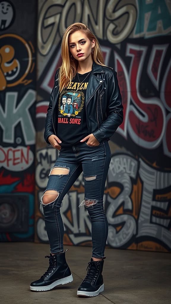 Woman wearing a glam rocker outfit with a band tee, studded jacket, and ripped skinny jeans, standing in front of a graffiti wall.