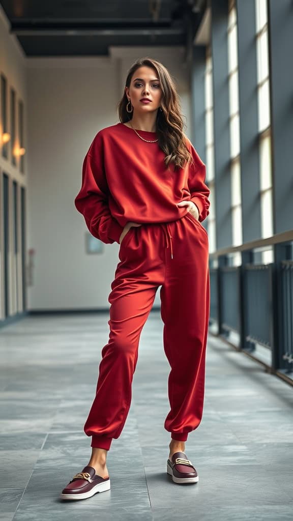 A woman in a matching red sweatsuit with gold jewelry and slides, showcasing a luxe lounge outfit.