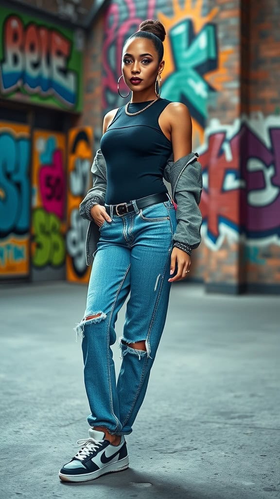 A stylish woman in a bodysuit and baggy jeans with oversized hoops and sneakers against a graffiti backdrop.