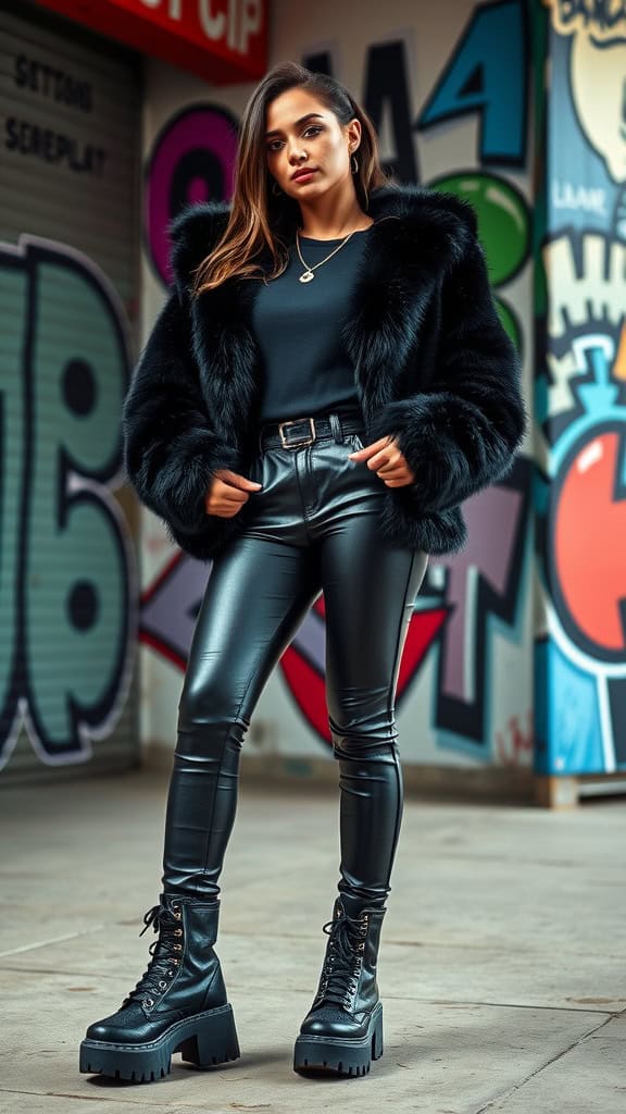 Woman wearing a faux fur jacket, leather pants, and platform boots against a colorful graffiti background.