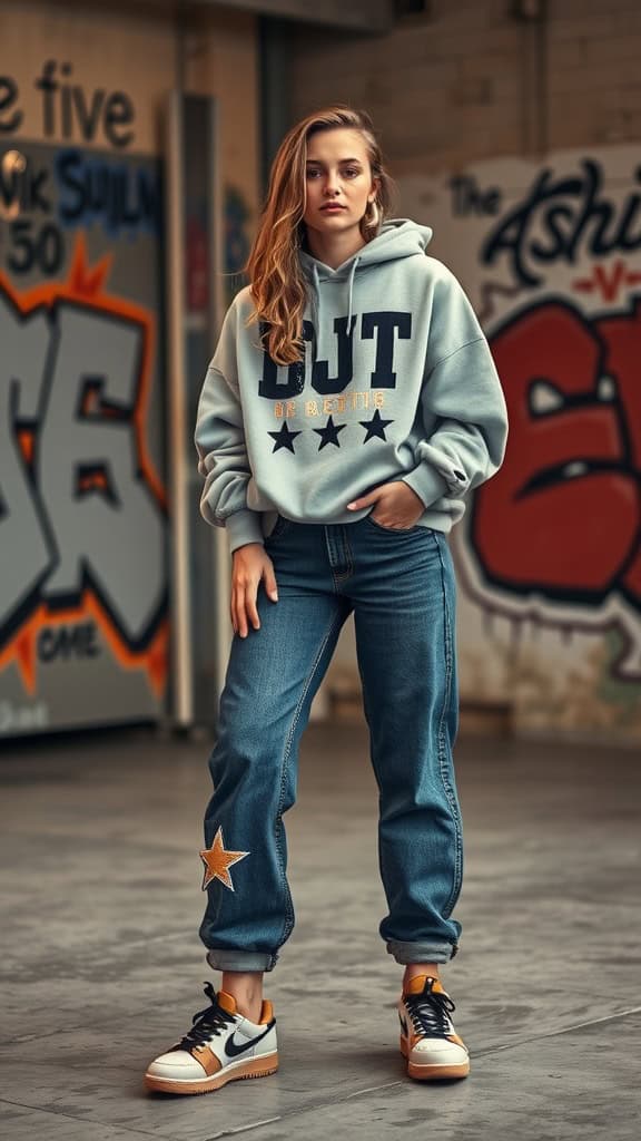 A woman wearing a relaxed fit jeans and an oversized graphic hoodie, standing in a graffiti-decorated environment.