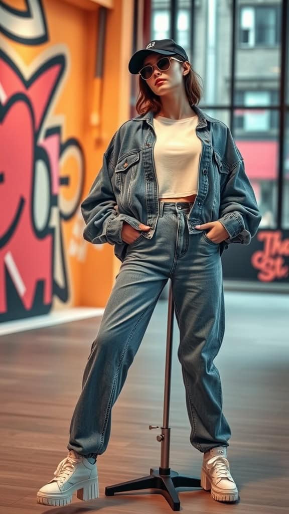 A model wearing a baggy denim jacket, loose jeans, and a cropped tee, standing confidently in a stylish setting.