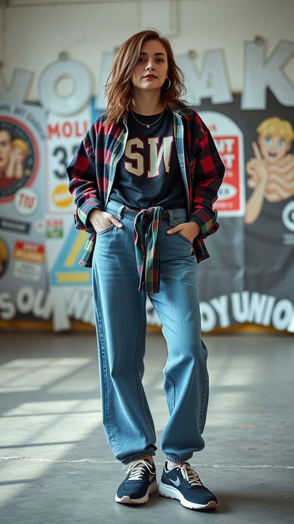 A woman wearing a plaid shirt tied around her waist, over a vintage tee and baggy jeans, standing in a casual setting.