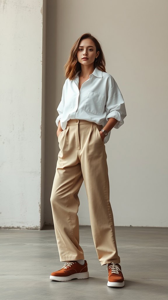 A woman wearing neutral baggy trousers and an oversized white shirt, standing in a minimalist interior.