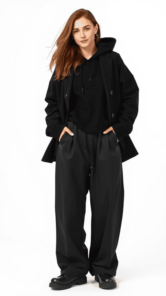 Model showcasing an all-black baggy outfit with relaxed layers, including a hoodie and wide-leg pants, in a fashion display