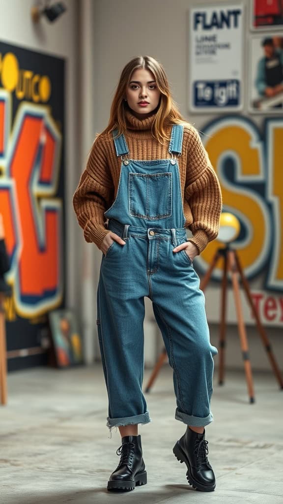 A model wearing loose overalls with a slouchy turtleneck sweater, showcasing a stylish and casual outfit.