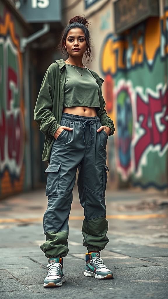 A woman wearing oversized cargo pants and a loose crop top, styled in a trendy streetwear look.