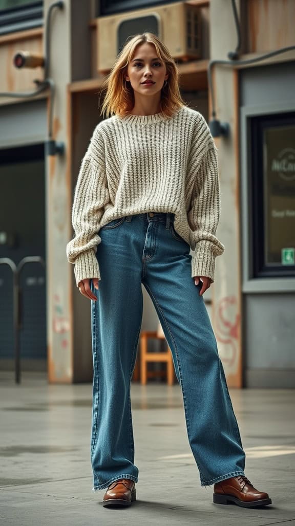 A person wearing a slouchy knit sweater with baggy wide-leg jeans, standing confidently.