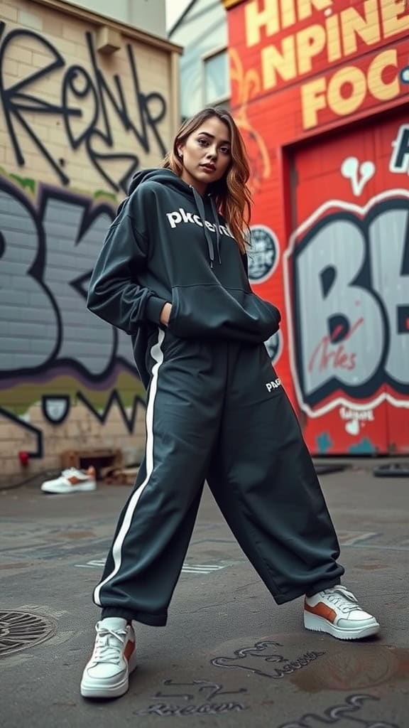 A woman in a baggy navy tracksuit with chunky sneakers, standing in front of a colorful graffiti wall.