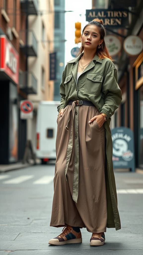 Woman wearing a baggy utility jacket over a flowy maxi dress in a city setting