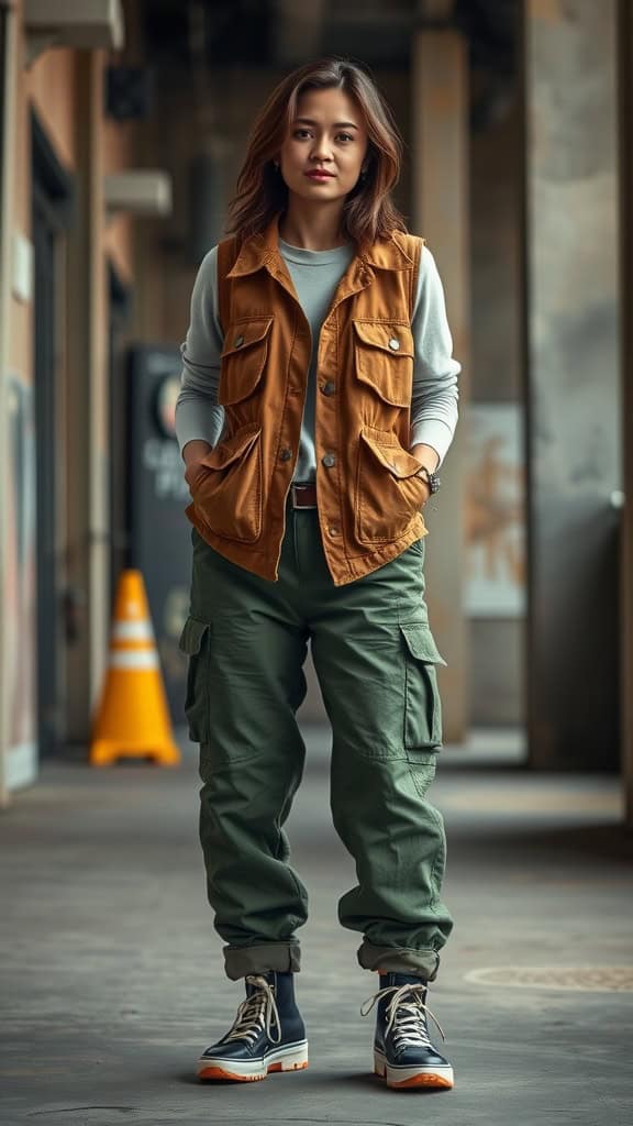 A person wearing relaxed carpenter pants and an oversized utility vest, showcasing a casual workwear style.