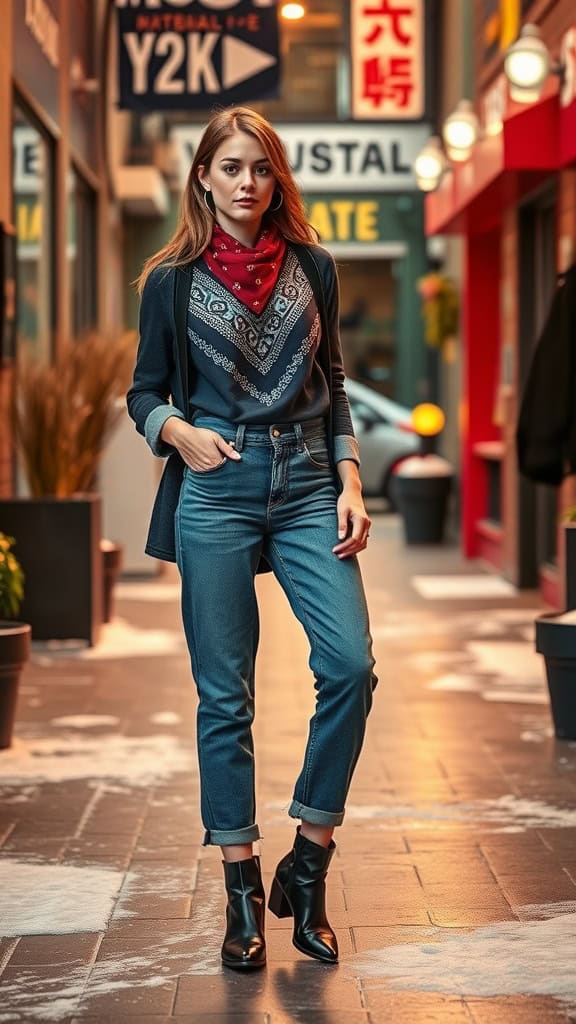 A woman wearing a bandana top with low-rise jeans and chunky heels, showcasing a Y2K outfit in an urban setting.