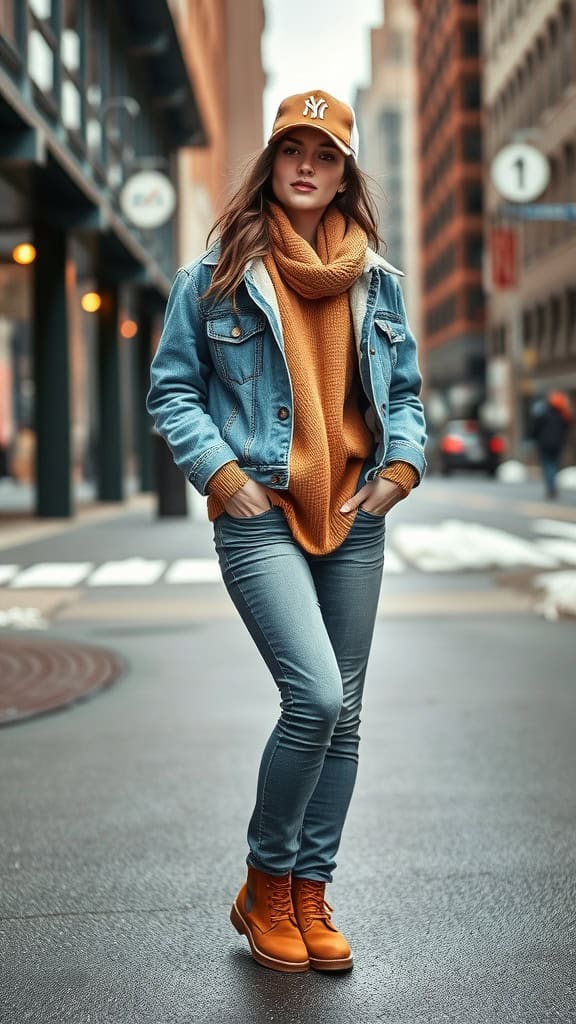 A woman wearing a denim jacket, orange sweater, and baseball cap, standing in a city street.