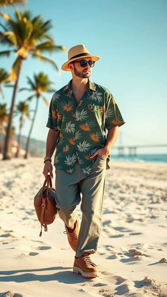 A man wearing a loose-fit Hawaiian shirt, baggy linen pants, and sandals on a beach