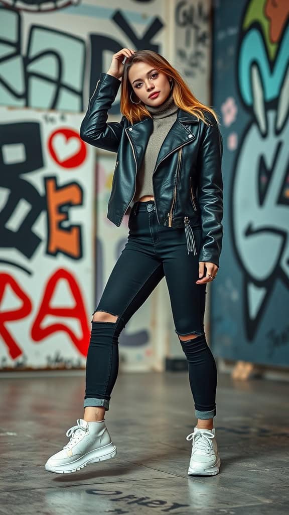 A person wearing a black biker jacket, black skinny jeans with ripped details, and white sneakers, posing against a graffiti wall.