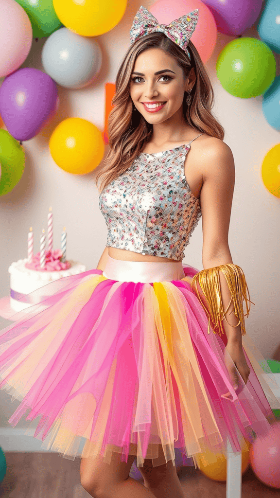 A person holding a birthday cake, wearing a sequin top and a pink tulle skirt with denim pants.