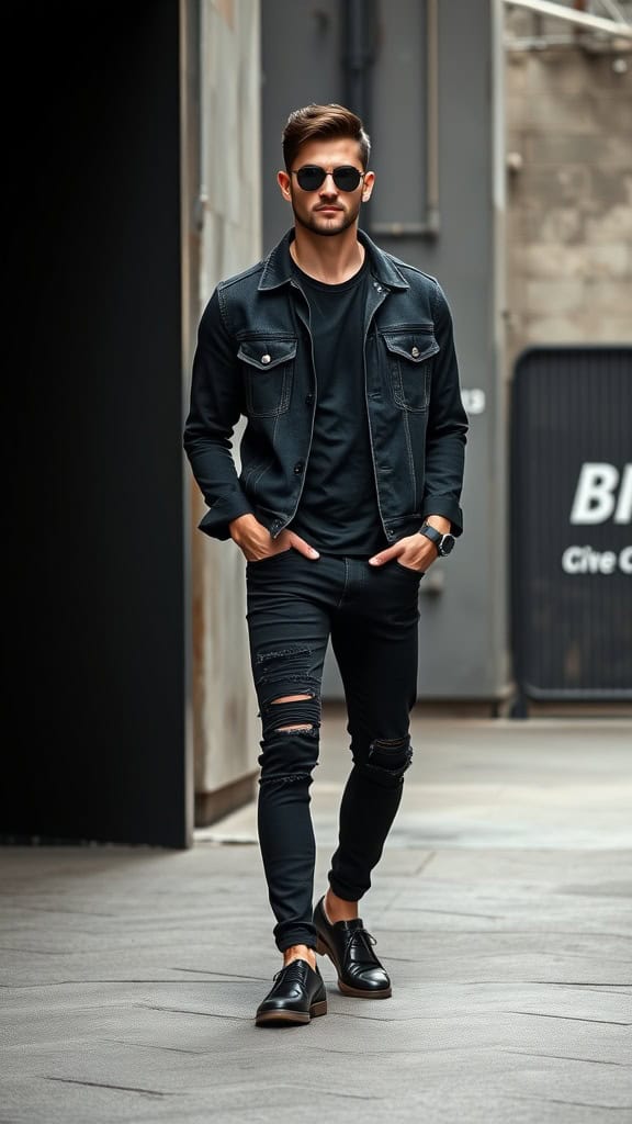 Man wearing a black denim jacket, black tee, and black jeans, walking confidently.