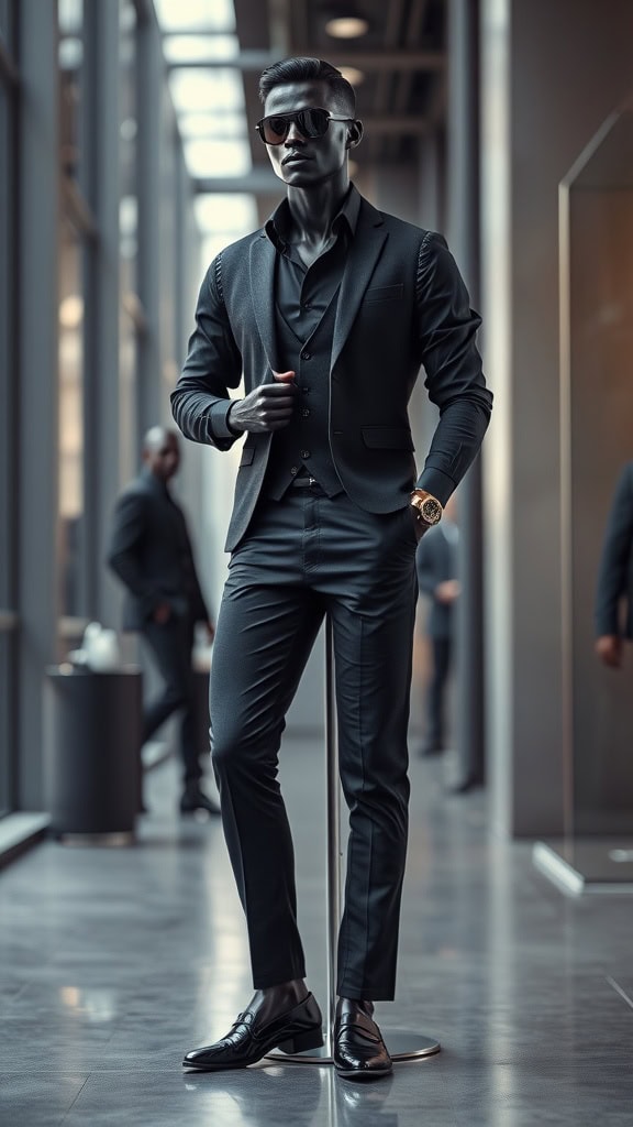 A model in a black dress shirt, matching vest, and tailored pants, showcasing a sophisticated black formal outfit.