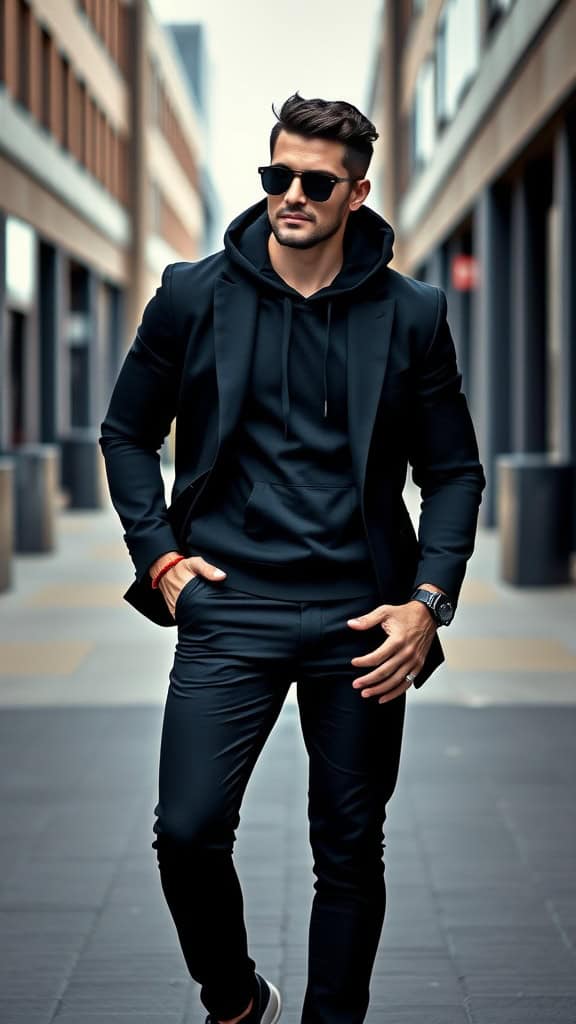 A man in a black hoodie under a blazer, slim-fit pants, and sunglasses, walking confidently in an urban setting.