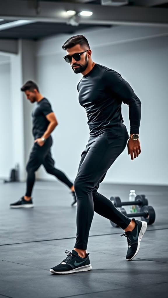 A man in a black compression tee and joggers with trainers, exuding a modern gym-ready look.