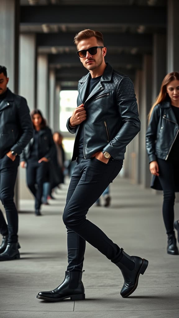 A stylish man wearing a quilted black moto jacket with slim black jeans and Chelsea boots, showcasing a rocker vibe.