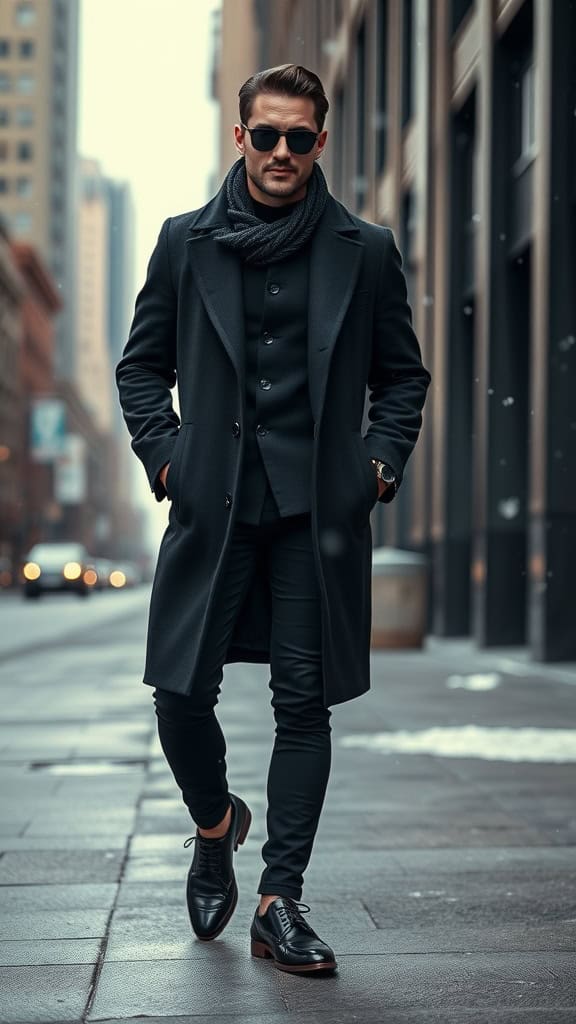 Man in a long black overcoat with a black scarf and dress shoes, walking in an urban setting.