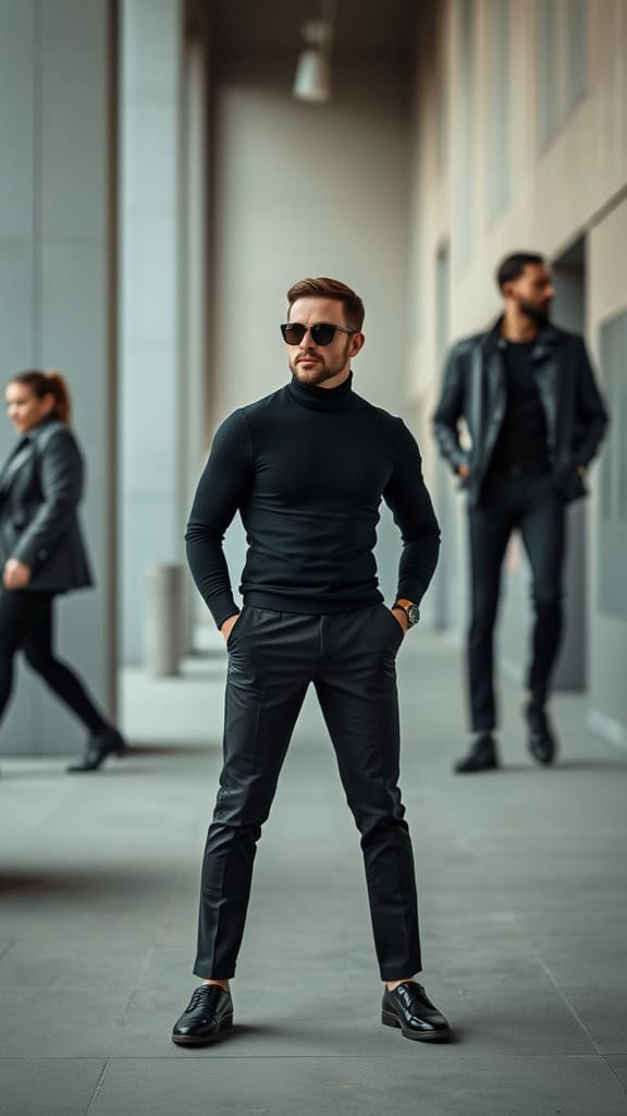 A stylish man wearing a black turtleneck and slim-fit trousers, exuding a modern minimalist vibe.