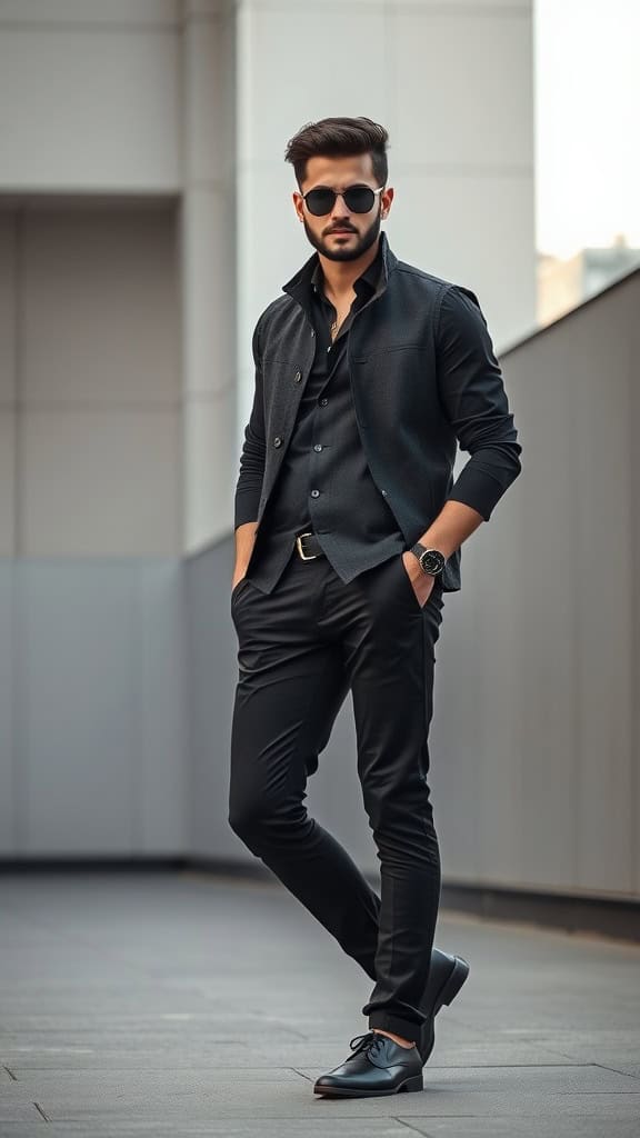 A man wearing a black vest over a black dress shirt and trousers, showcasing a sophisticated style.