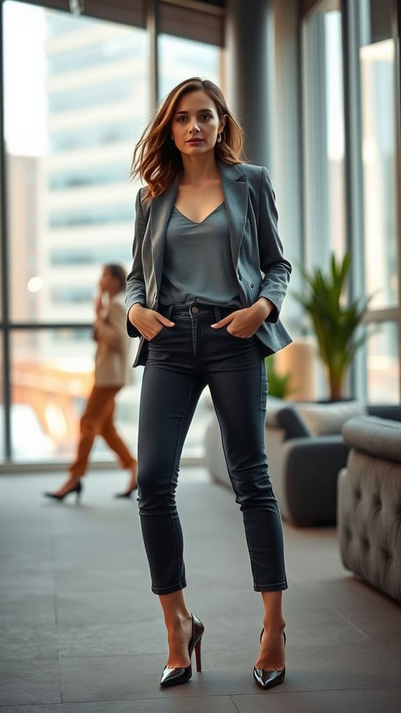 A woman in a blazer and cropped jeans styled in a modern office setting.