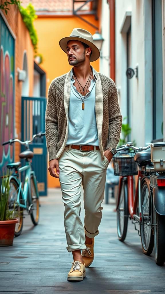 A man in a knit cardigan, linen pants, and espadrilles walking in a vibrant alley with bicycles.