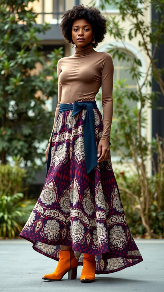 A Black woman wearing a flowy patterned maxi skirt with a simple top and orange boots, standing in an outdoor setting.