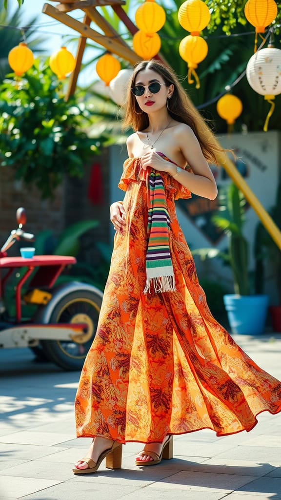 A model in a vibrant boho chic maxi dress stands outdoors, showcasing a relaxed and stylish birthday outfit.